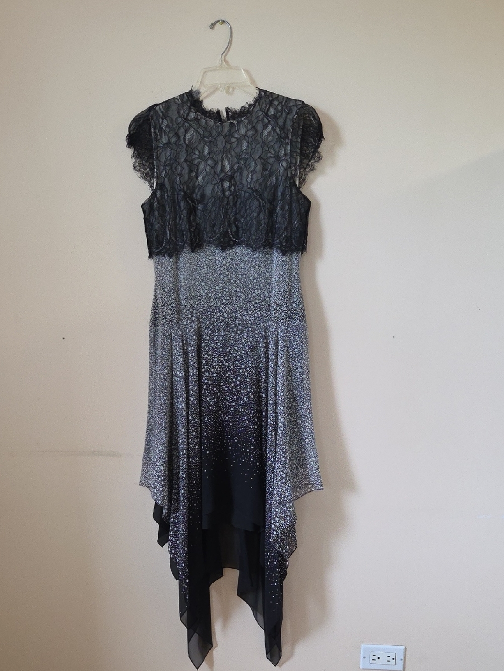 BCBG Max Azeria Caden Black Lace and Ombre Sparkle Handkerchief Dress In Size 4